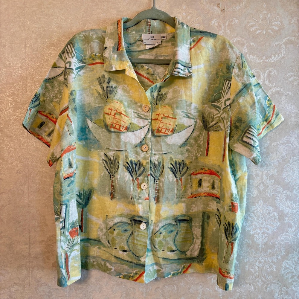 Linen Blend Hawaiian Short Sleeve Button Up Blouse Womens XL Pineapples Hammocks